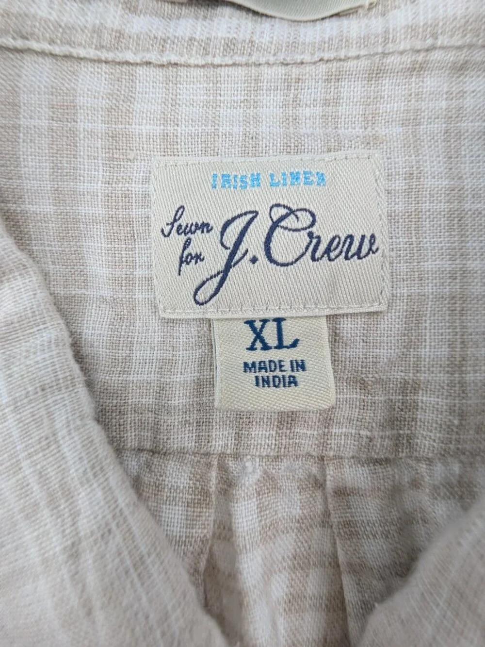 J Crew Irish Linen Shirt Mens Size XL Beige Classic Baird McNutt Plaid Pocket